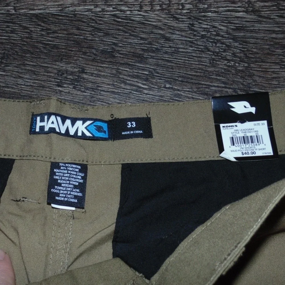 Tony Hawk Flat Front Shorts Mens 33 Khaki Tan New Solid Poly Viscose Skate